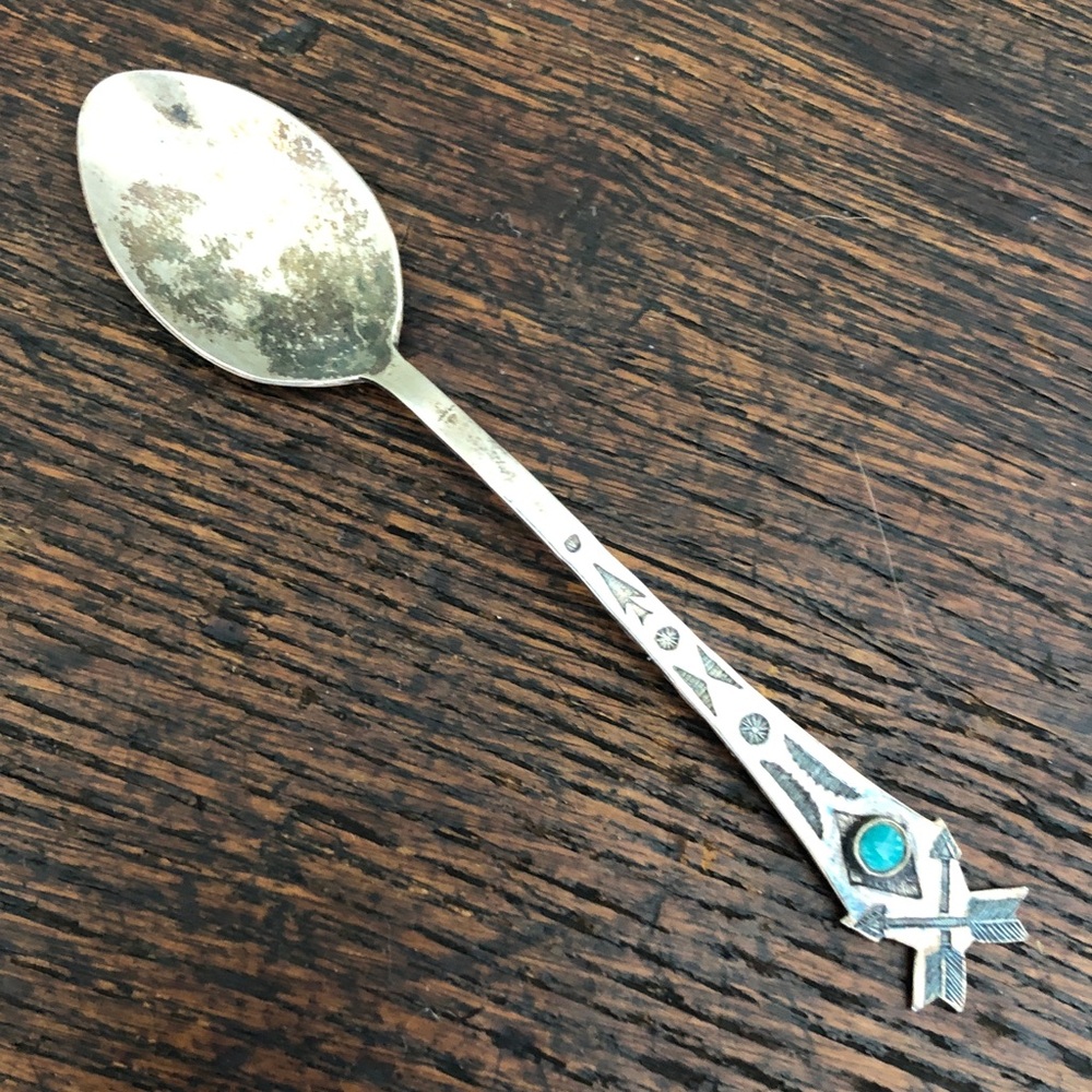 Antique Native American Sterling Silver Baby Spoon Turquoise Accent